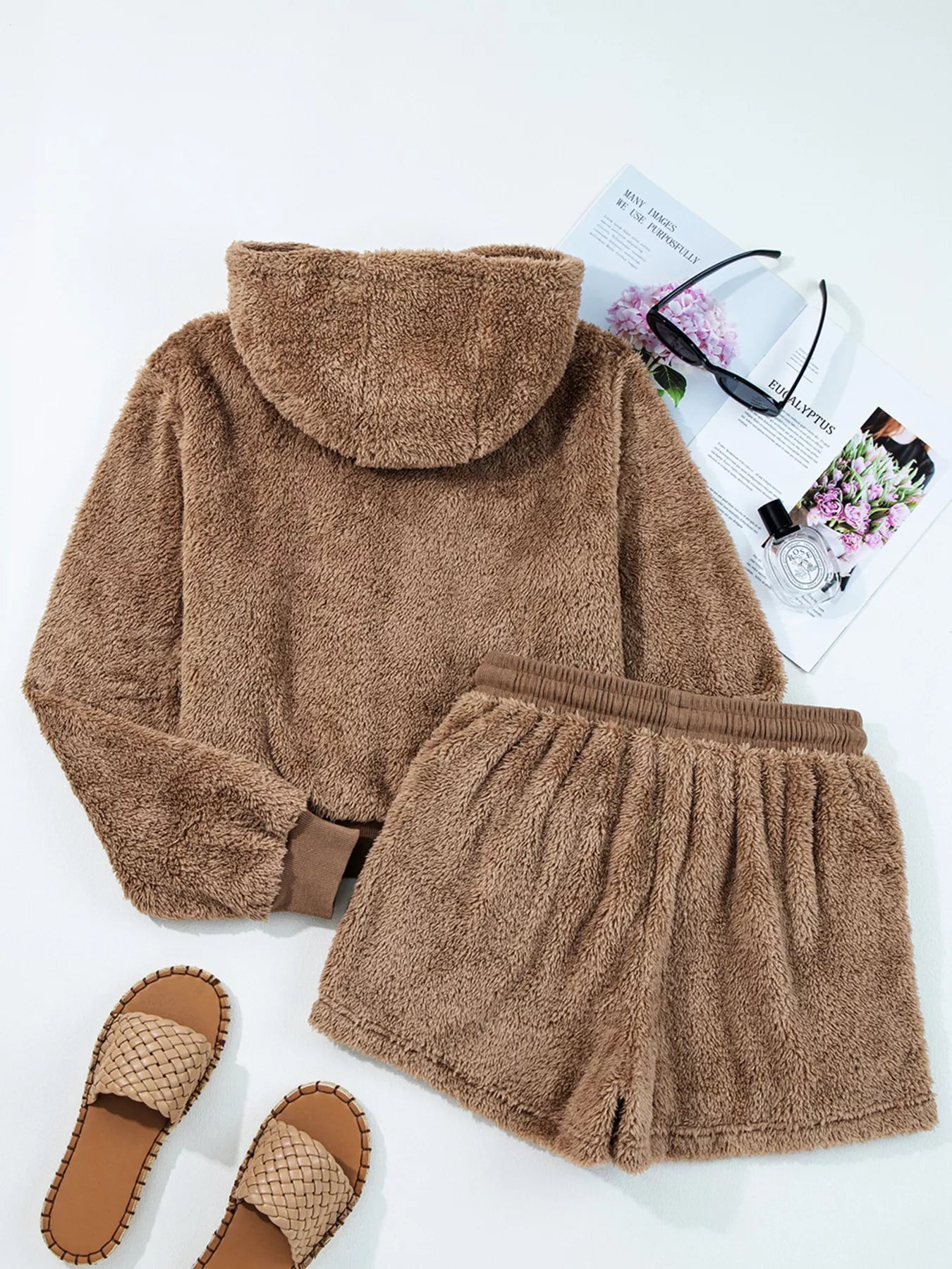 Brown fuzzy zip-up hoodie and drawstring shorts pajama set