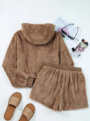 Brown fuzzy zip-up hoodie and drawstring shorts pajama set