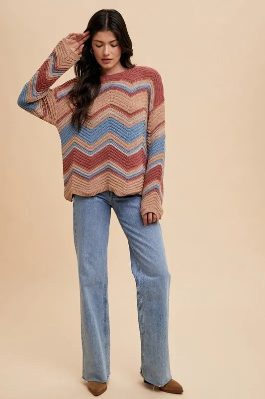 Annie Wear multicolored zigzag round neck sweater