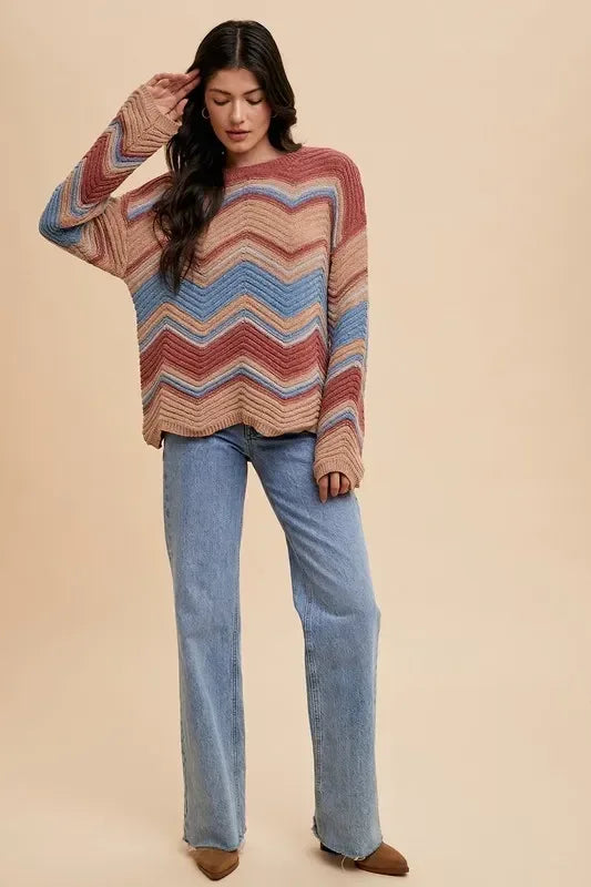 Annie Wear Multi Color Zig-Zag Round Neck Sweater - DAVERRI FASHIONS