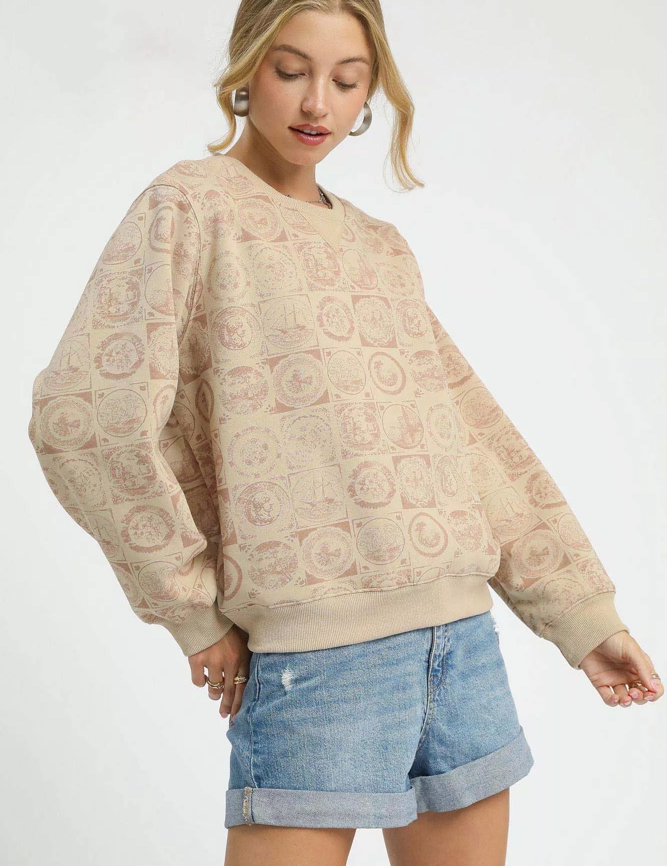 Umgee Coin Stamp Print Sweatshirt | Sweatshirts Daverri Fashions