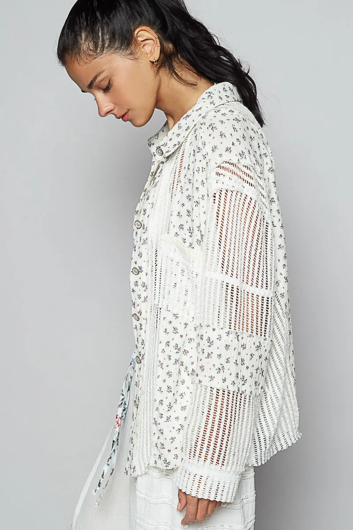 POL Floral Crochet Patchwork Long Sleeve Shirt Shirts