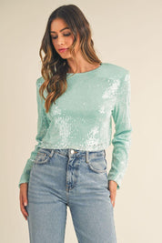 Mint MABLE Shoulder Padded Sequin Crop Top | Tops Daverri Fashions
