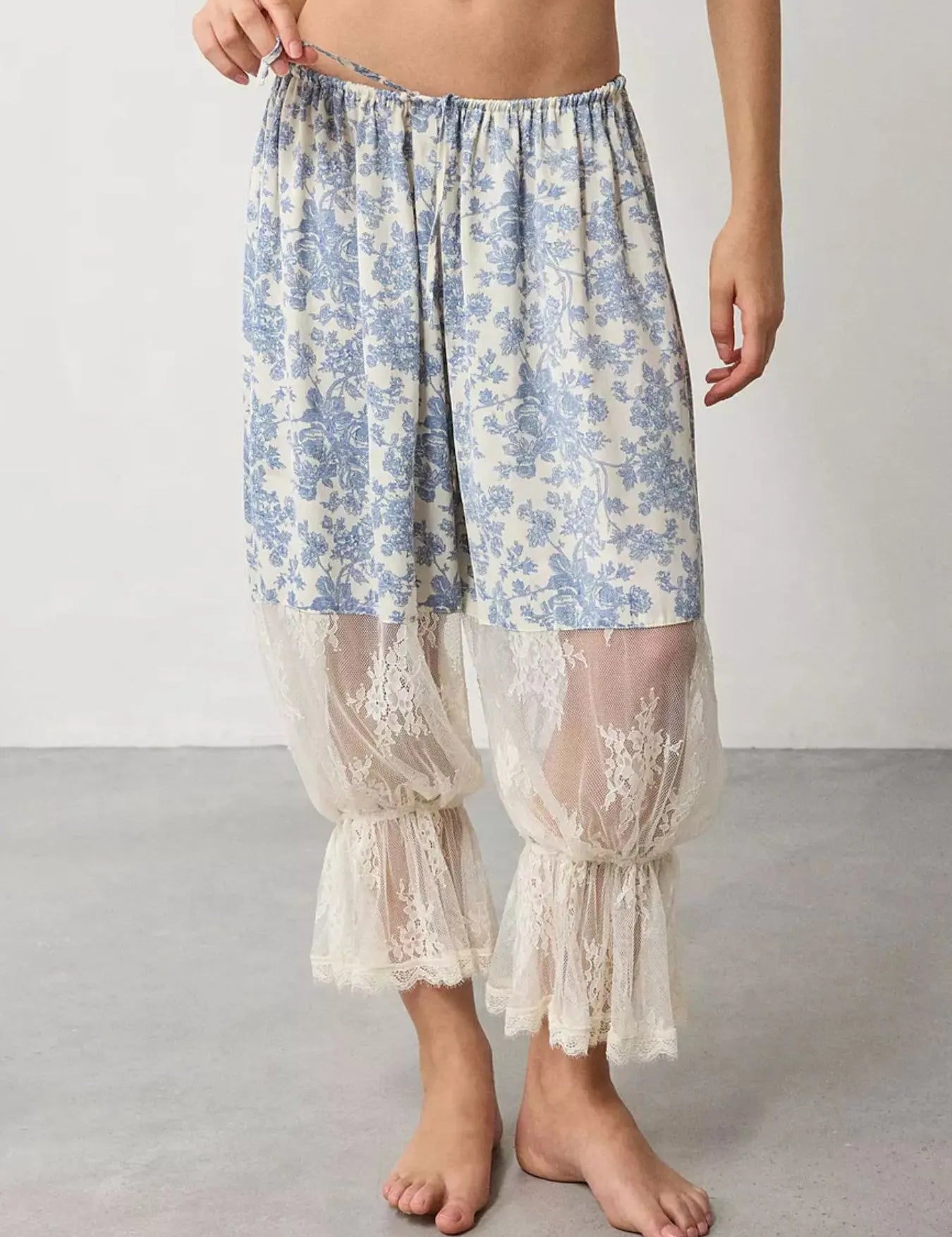 Light Blue Floral Lace Patchwork Pants | Pants Daverri Fashions