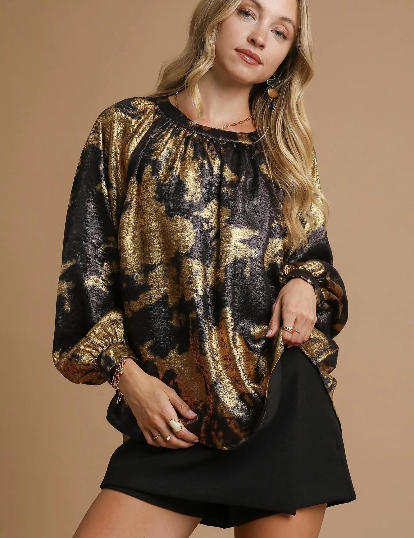 GOLD Umgee Metallic Fabric Blouse with Balloon Sleeves | Daverri Fashions