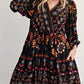 Bohemian black floral print mini dress with long puffed sleeves and v-neckline