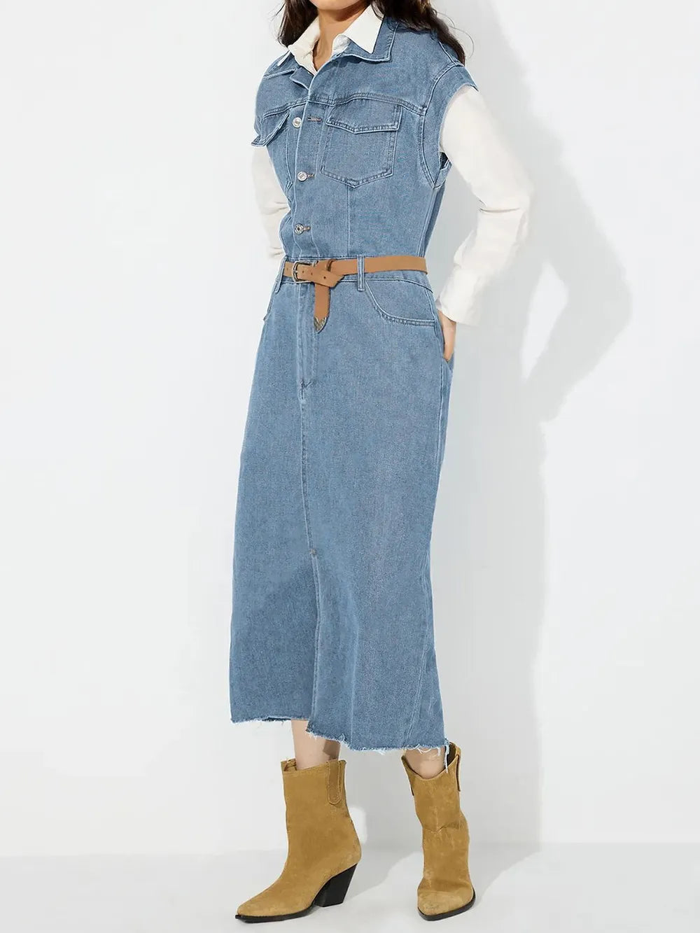 Slit Half Button Collared Neck Cap Sleeve Denim Dress | Midi Dresses Daverri Fashions