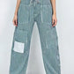 Daverri striped wide-leg pants with patchwork design and gray drawstring waistband