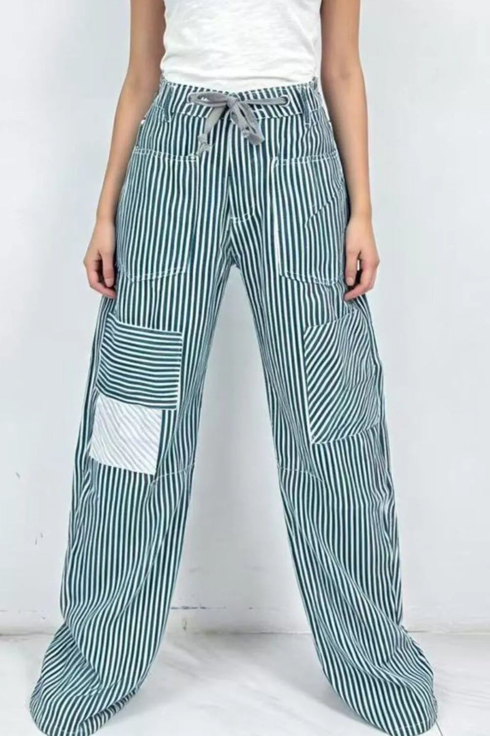 Daverri striped wide-leg pants with patchwork design and gray drawstring waistband