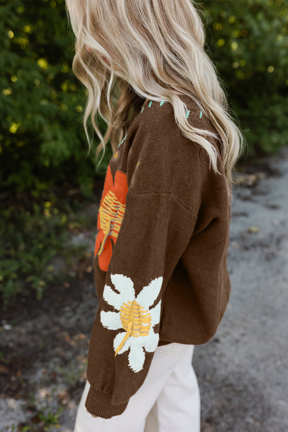 Coffee Big Flower Pattern V Neck Drop Shoulder Sweater | Sweaters & Cardigans/Sweaters Daverri Fashions