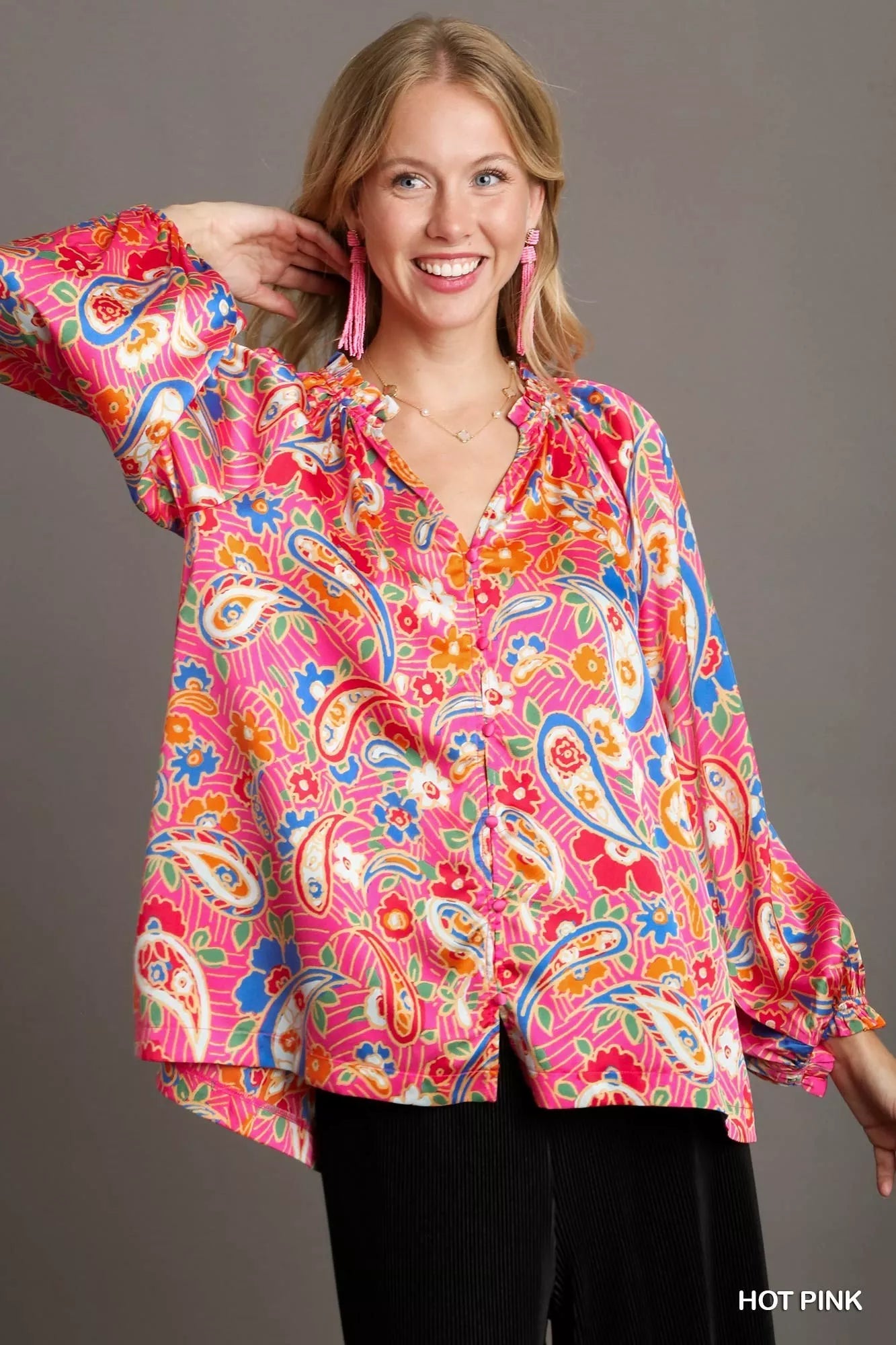 Hot Pink Umgee Full Size Satin Paisley Ruffle Neck Button-Up Shirt Plus Size | Shirts Daverri Fashions