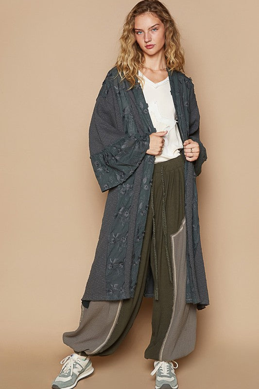 POL Flower Lace Trim Open Front Longline Cardigan Charcoal