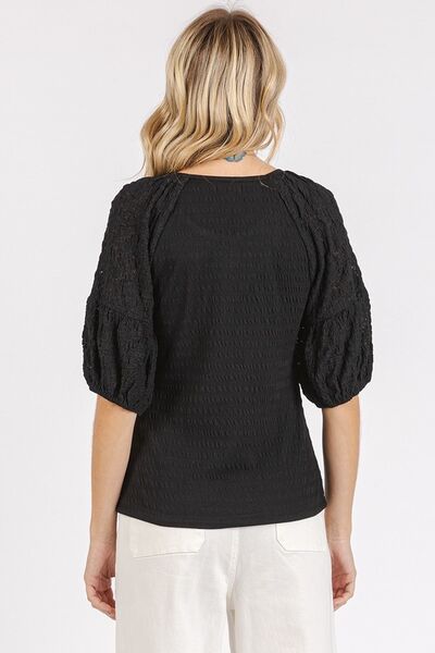 Mittoshop Mixed Media Textured Knit Popcorn Puff Sleeve Blouse