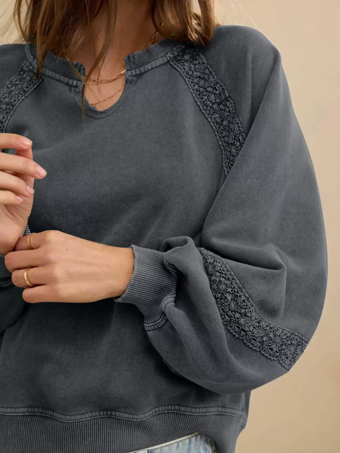 Lace Patchwork Detail Notched Mineral Wash Sweatshirt - DAVERRI FASHIONS