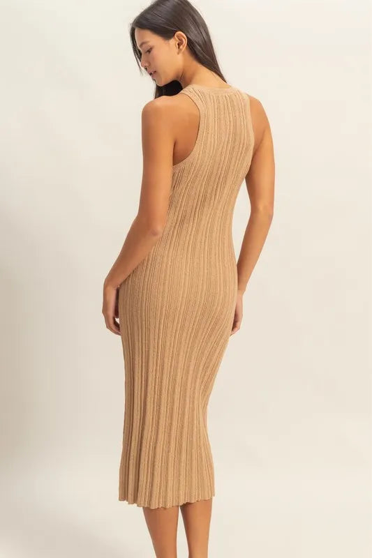 HYFVE Taupe Round Neck Bodycon Ribbed Knit Dress Midi Dresses