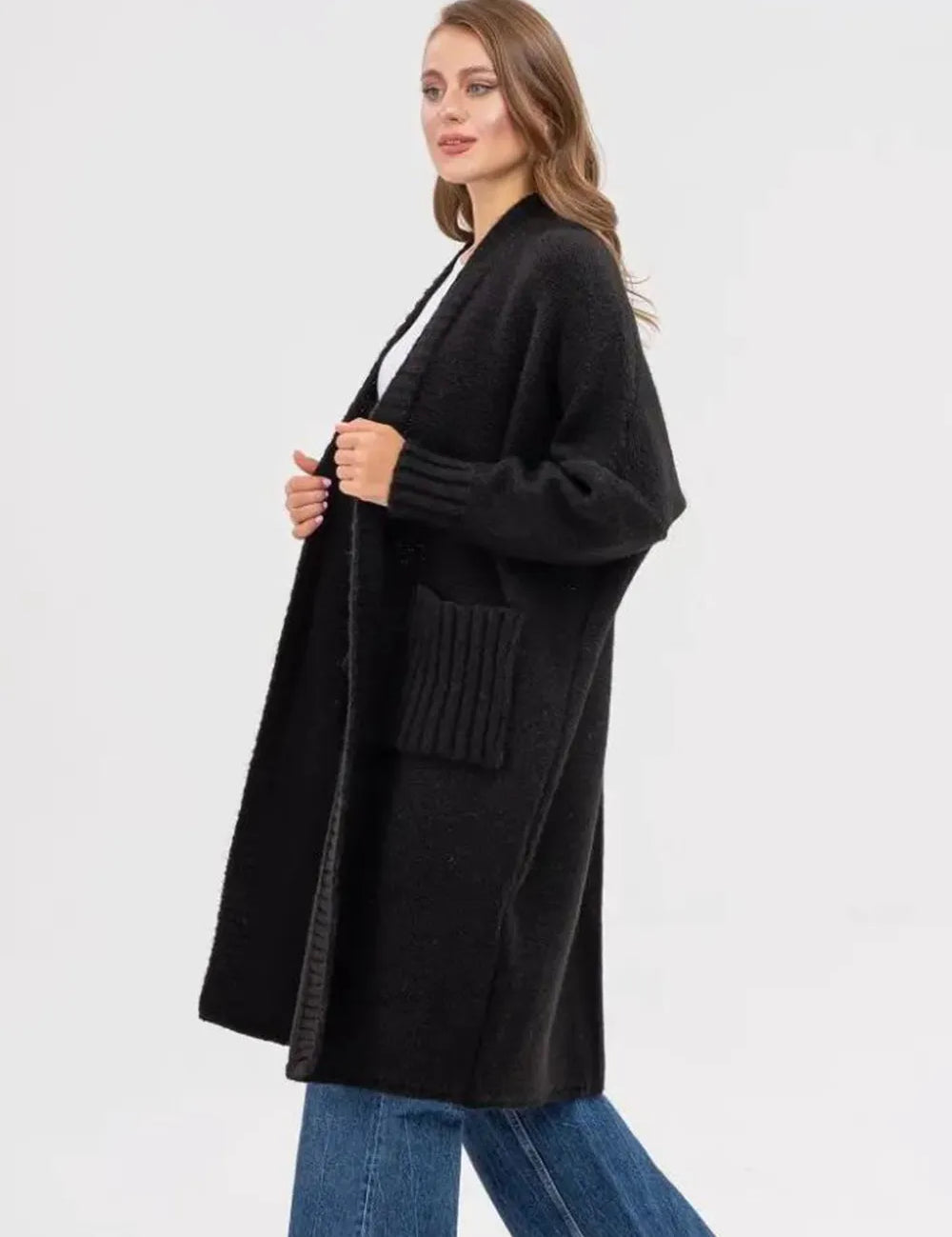 Pocketed Open Front Long Sleeve Longline Cardigan | Cardigans Daverri Fashions