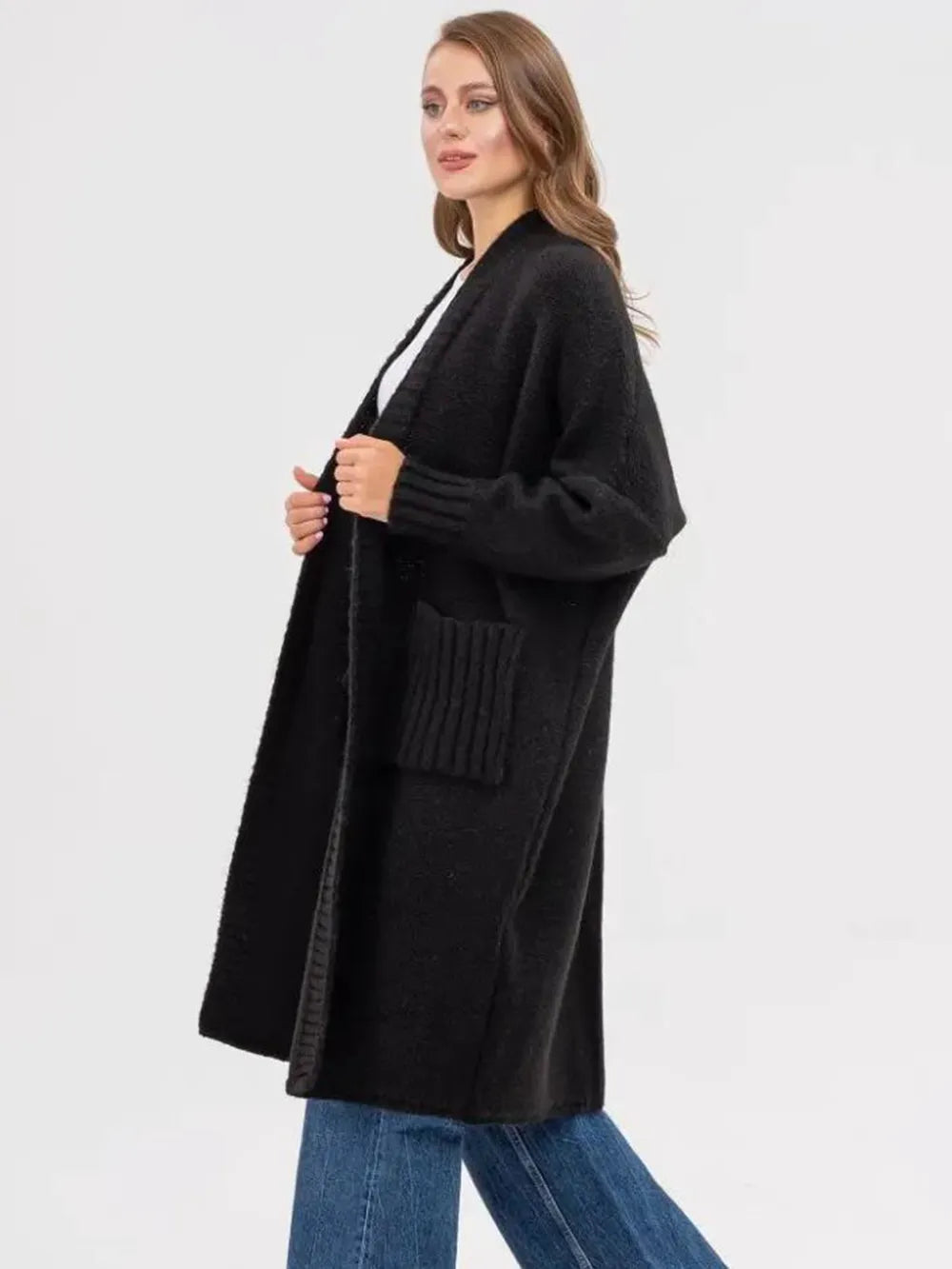 Pocketed Open Front Long Sleeve Longline Cardigan | Cardigans Daverri Fashions