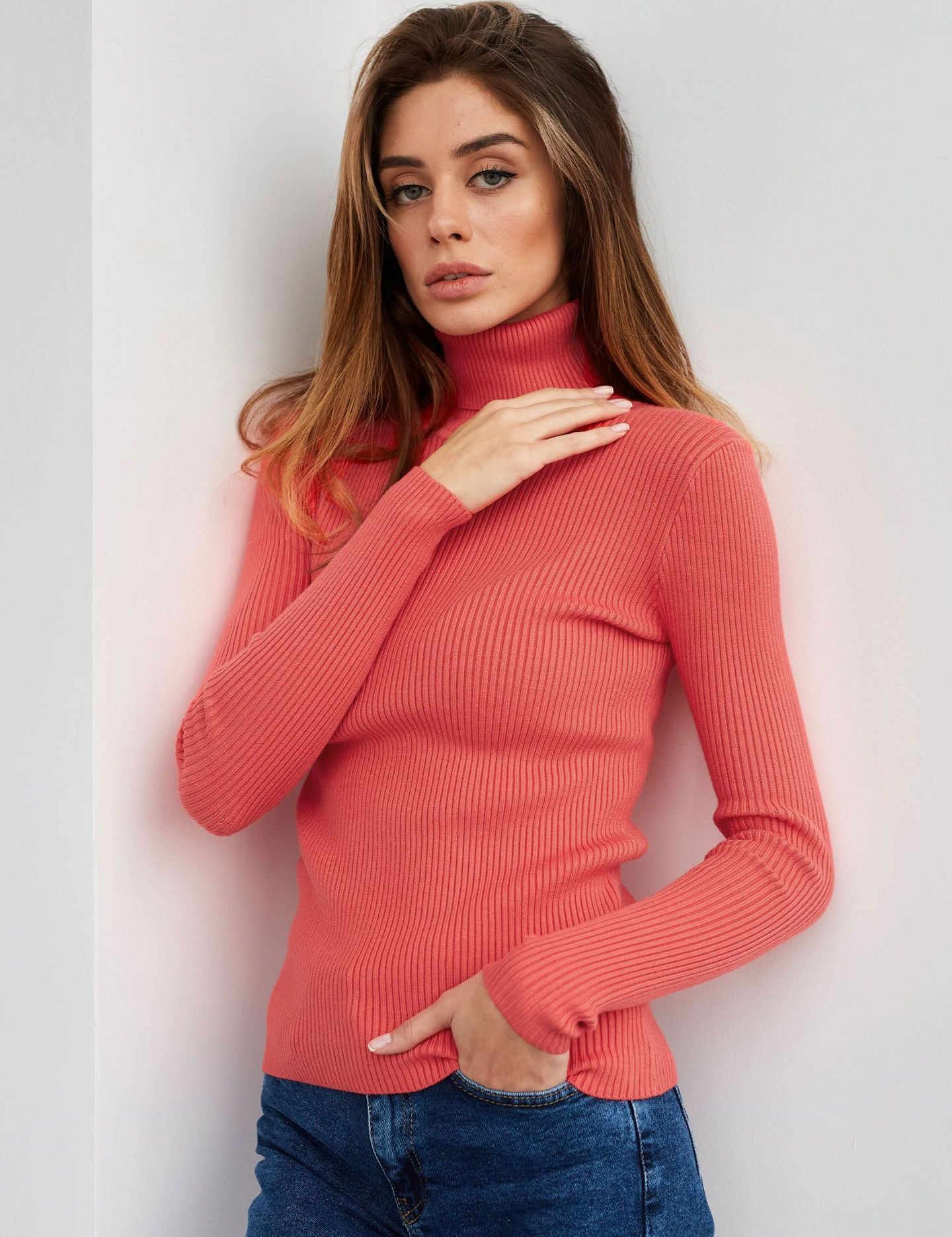 Watermelon Red Free Size Women's Knit Turtleneck Pullover | Sweaters Daverri Fashions