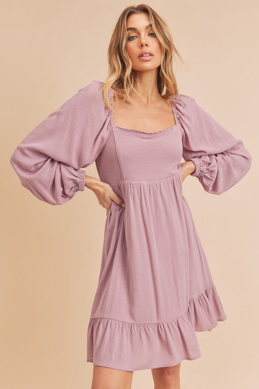 Aemi + Co Ruffled Hem Square Neck Balloon Sleeve Mini Dress Moonlit Mauve Mini Dresses