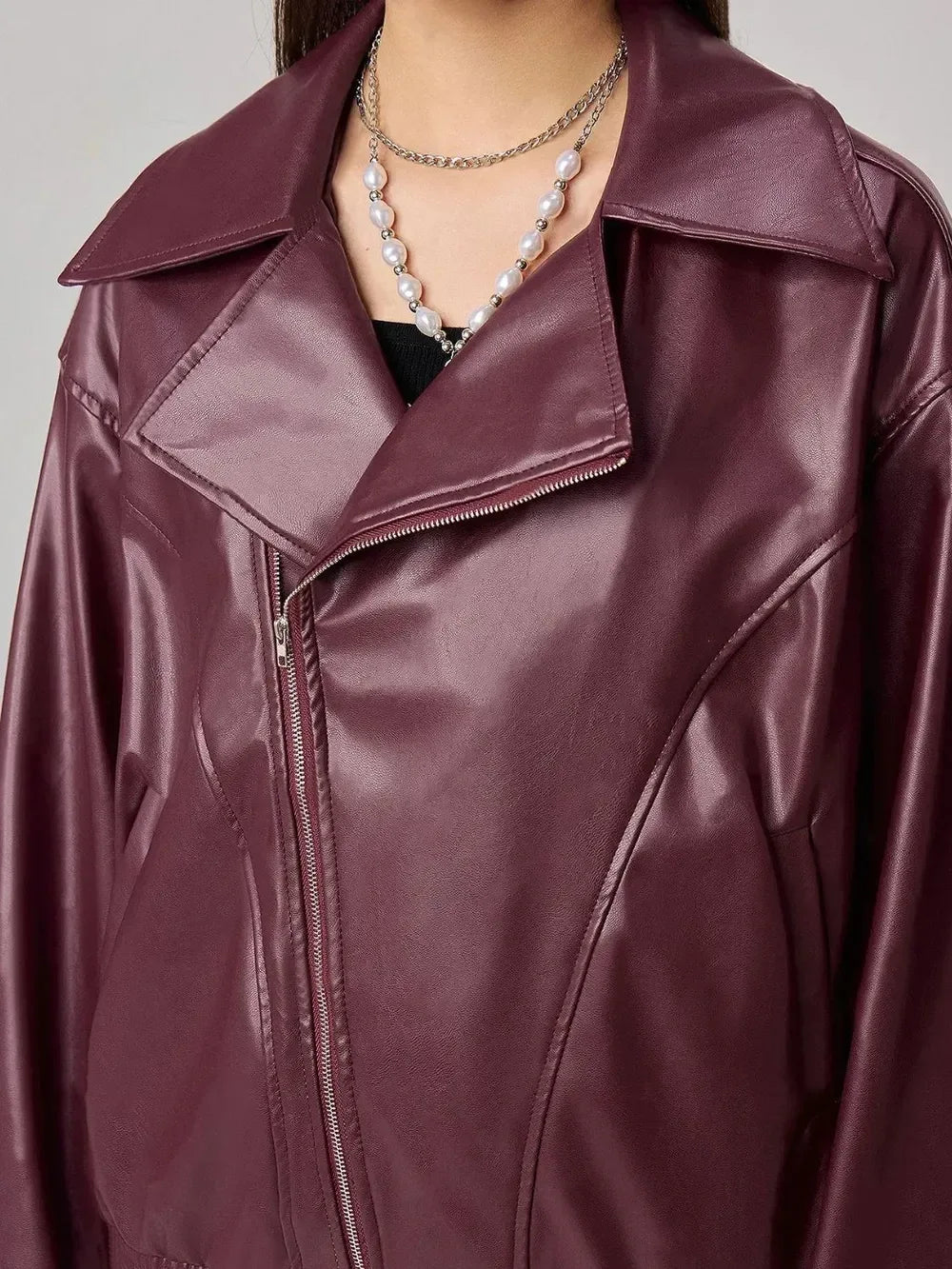 Zip Up Drop Shoulder Faux Leather Jacket - DAVERRI FASHIONS