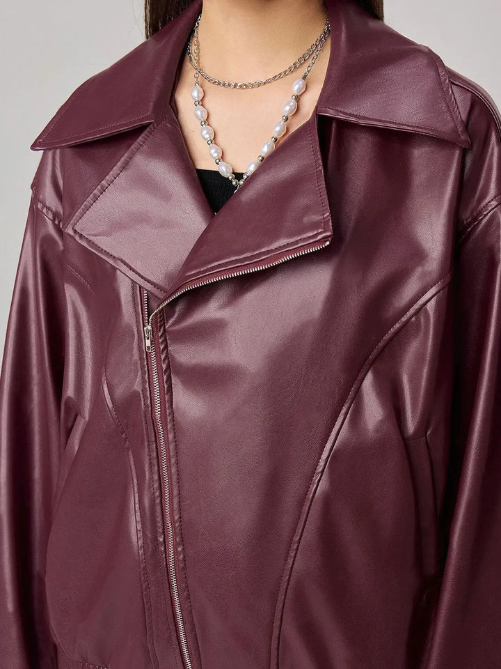 Zip Up Drop Shoulder Faux Leather Jacket | Jackets Daverri Fashions