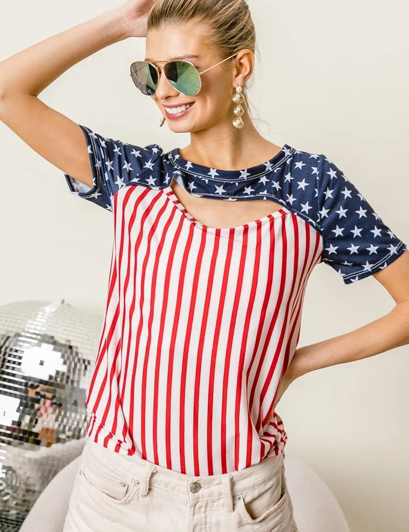 BiBi American Flag Theme Front Cut Out Top | Tops Daverri Fashions