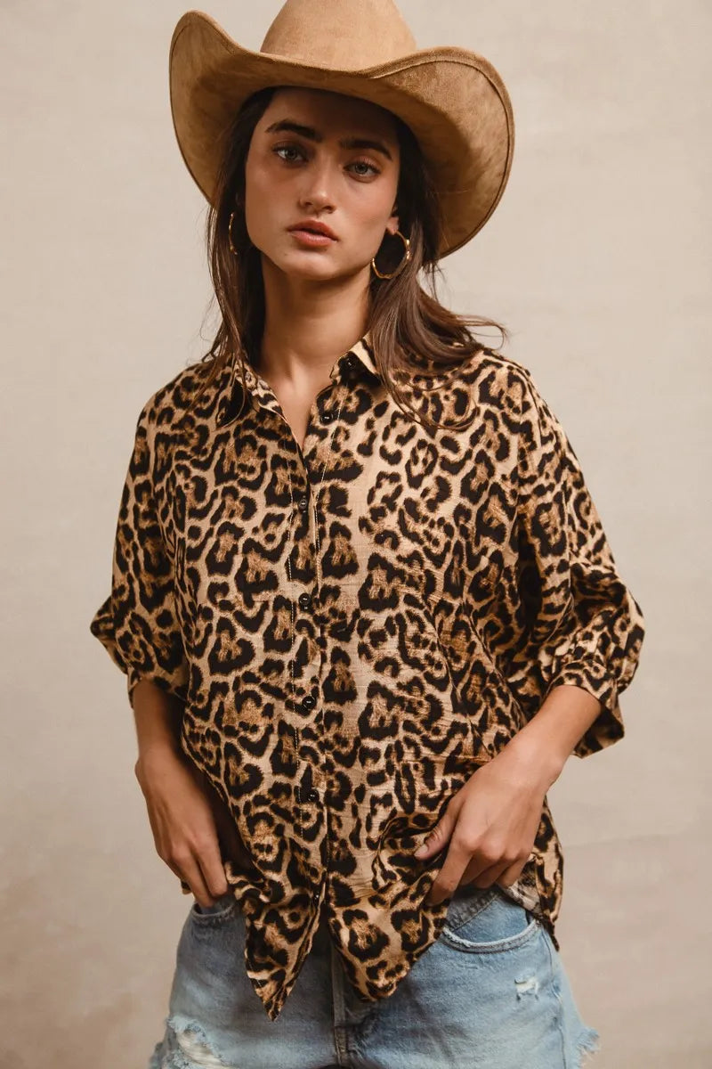 BiBi Leopard Prints Oversized Short Sleeves Top Tops