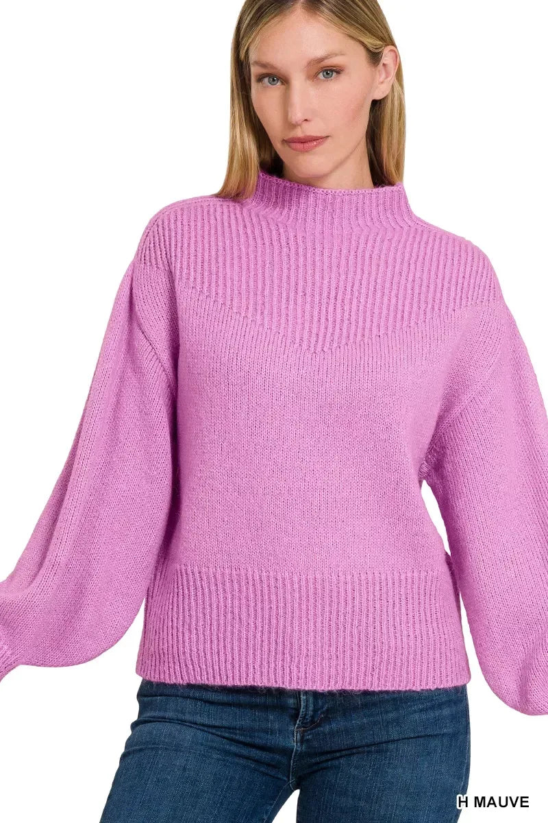 Zenana Balloon Sleeve Mock Neck Sweater Mauve - DAVERRI FASHIONS