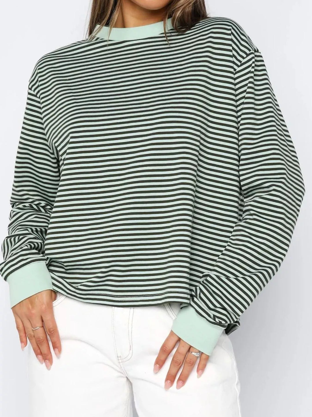 Matcha Green Striped Oversized Round Neck Sweatshirt | Sweatshirts Daverri Fashions