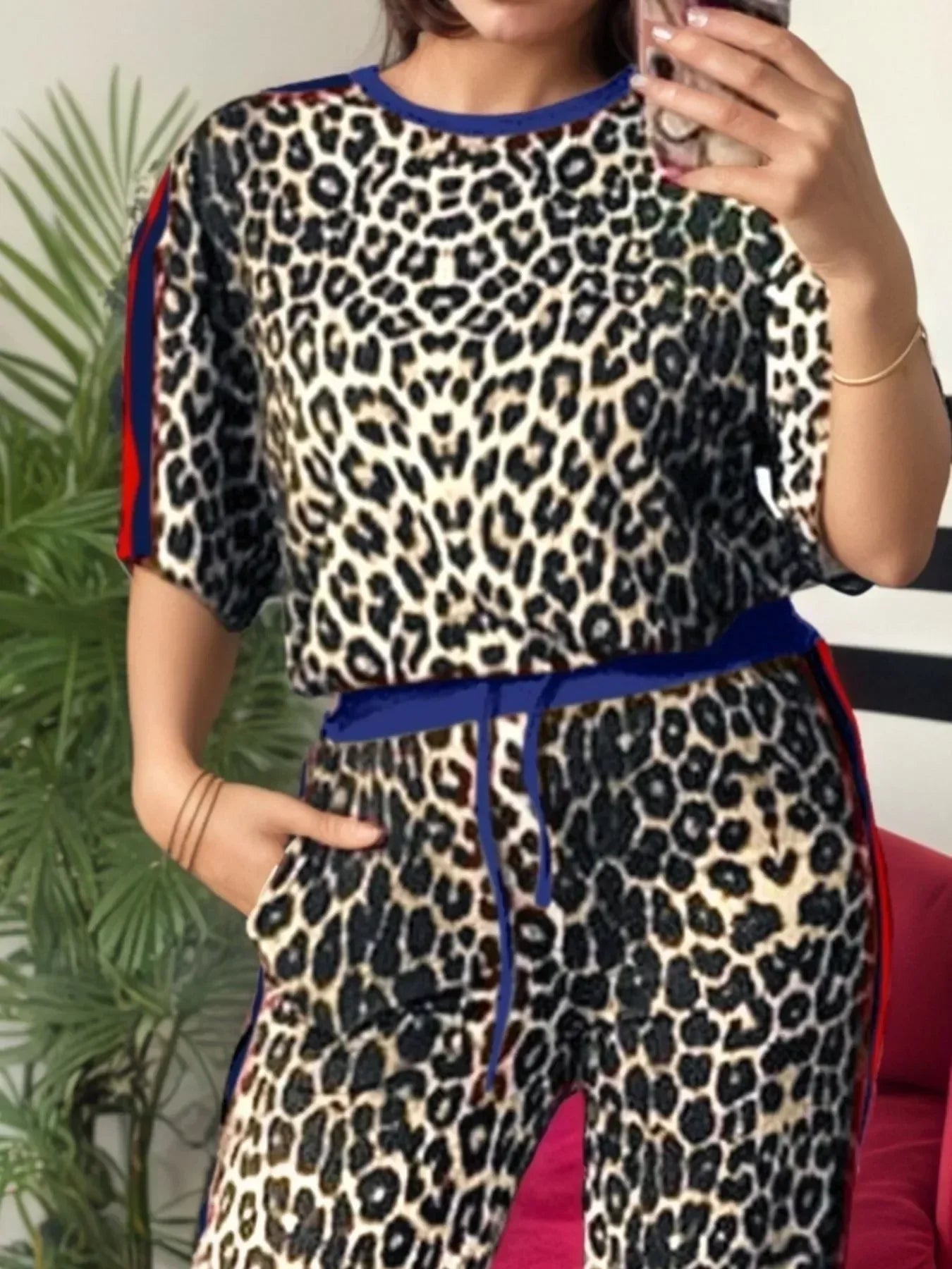 Leopard Round Neck Top and Pants Two-Piece Set - DAVERRI FASHIONS