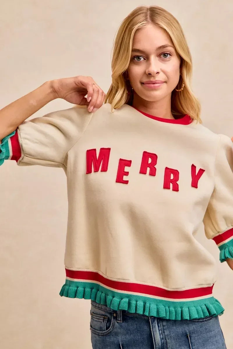 BiBi Christmas Merry Letter Patches Contrast Banded Top - DAVERRI FASHIONS