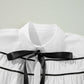 White Ribbon Bowtie Collared Neck Flounce Sleeve Blouse