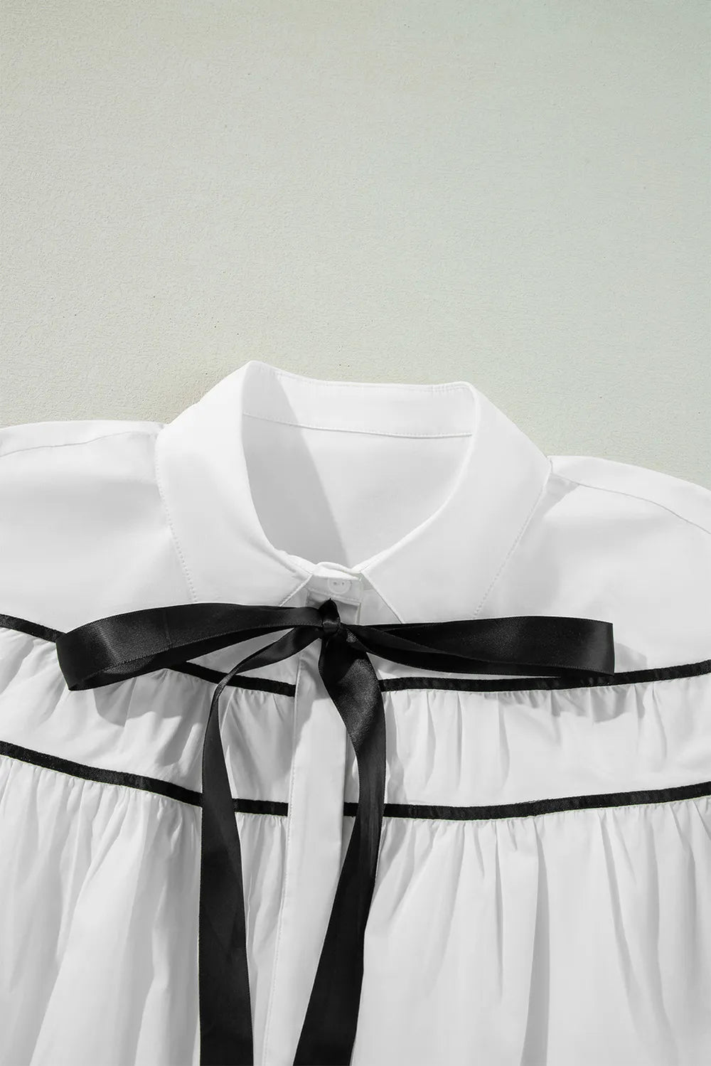 White Ribbon Bowtie Collared Neck Flounce Sleeve Blouse