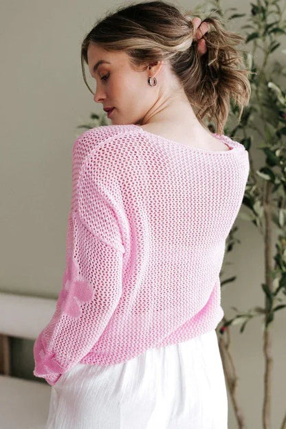 Dulce Big Flower Hollowed Knit Drop Shoulder Sweater - DAVERRI FASHIONS