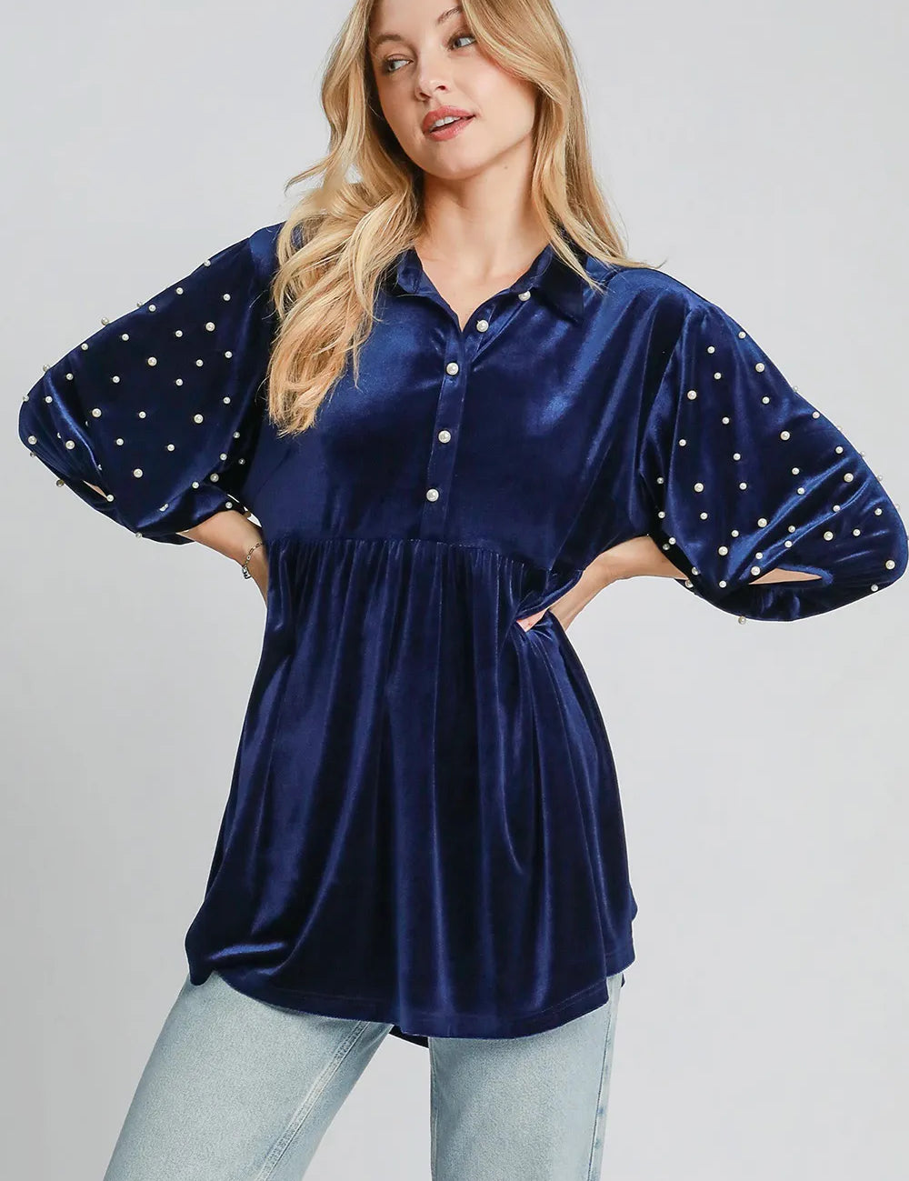 Navy Umgee Pearl Detail Collared Neck Velvet Babydoll Blouse | Blouses Daverri Fashions