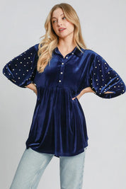 Navy Umgee Pearl Detail Collared Neck Velvet Babydoll Blouse | Blouses Daverri Fashions