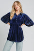 Umgee Pearl Detail Collared Neck Velvet Babydoll Blouse Navy