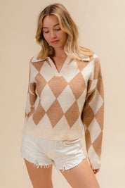 BiBi Diamond Pattern Collared Notch Neck Sweater | Sweaters Daverri Fashions