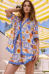 Vibrant bohemian print button-up shirt and shorts beach set in white, blue, orange with scalloped edges