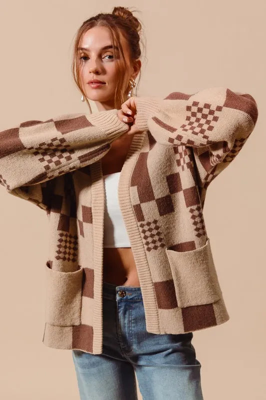SO ME Checkered Open Front Cardigan with Pockets