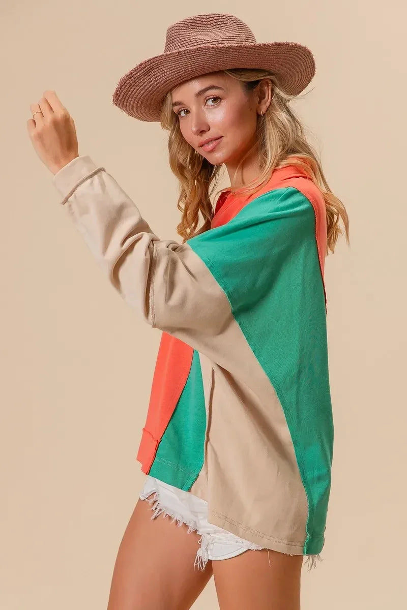 BiBi Colorblock Exposed Seam French Terry Sweatshirt - DAVERRI FASHIONS