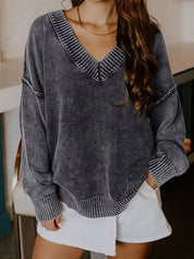 Charcoal gray washed cotton V-neck sweater with ribbed trim and pockets