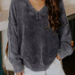 Washed Cotton Drop Shoulder V-Neck Long Sleeve Sweater - DAVERRI FASHIONS