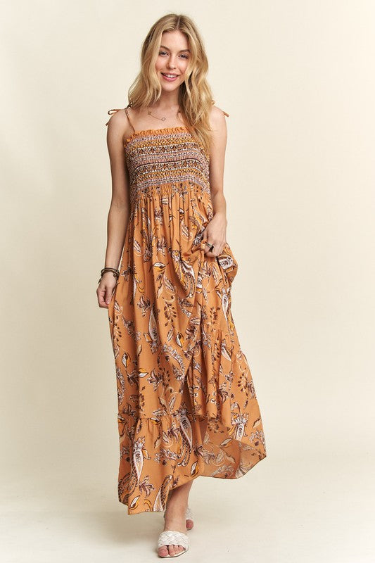 Smocked Printed Square Neck Tie Shoulder Cami Dress Maxi Dresses