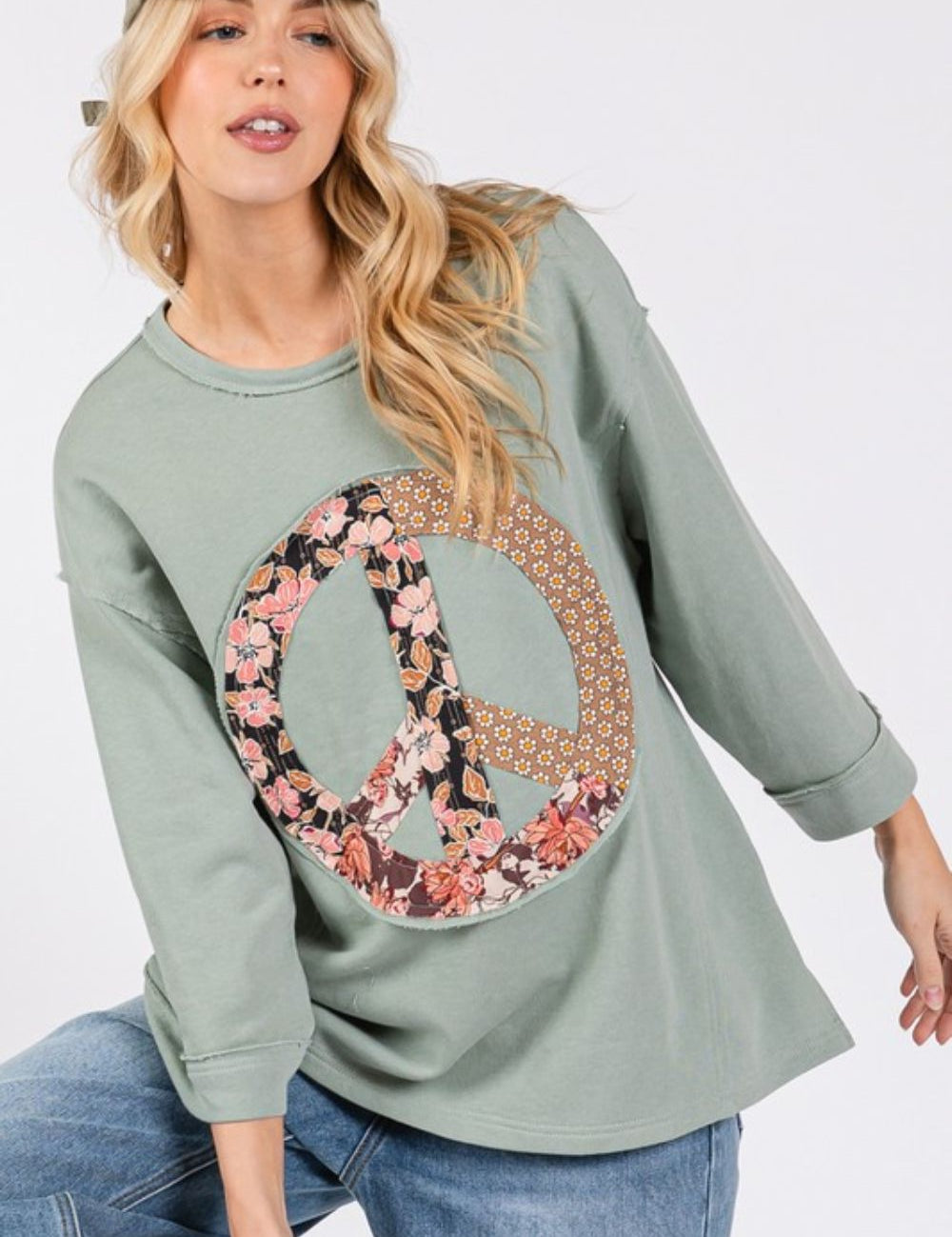 SAGE + FIG Floral Peace Patch Round Neck Top Sage