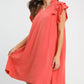 Umgee Linen Flutter Sleeve Shift Dress with Pockets in coral, v-neck, ruffles