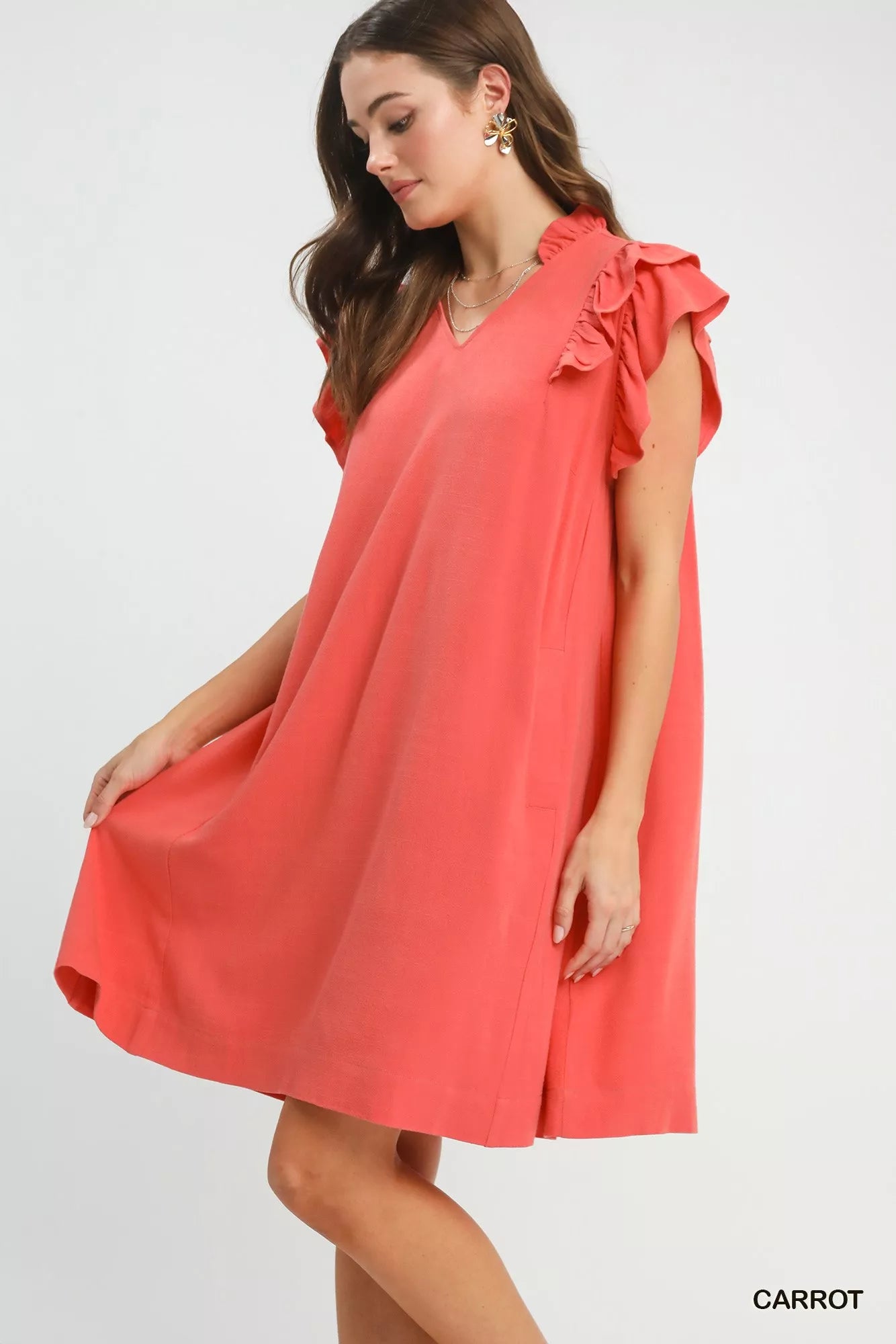Umgee Linen Flutter Sleeve Shift Dress with Pockets in coral, v-neck, ruffles