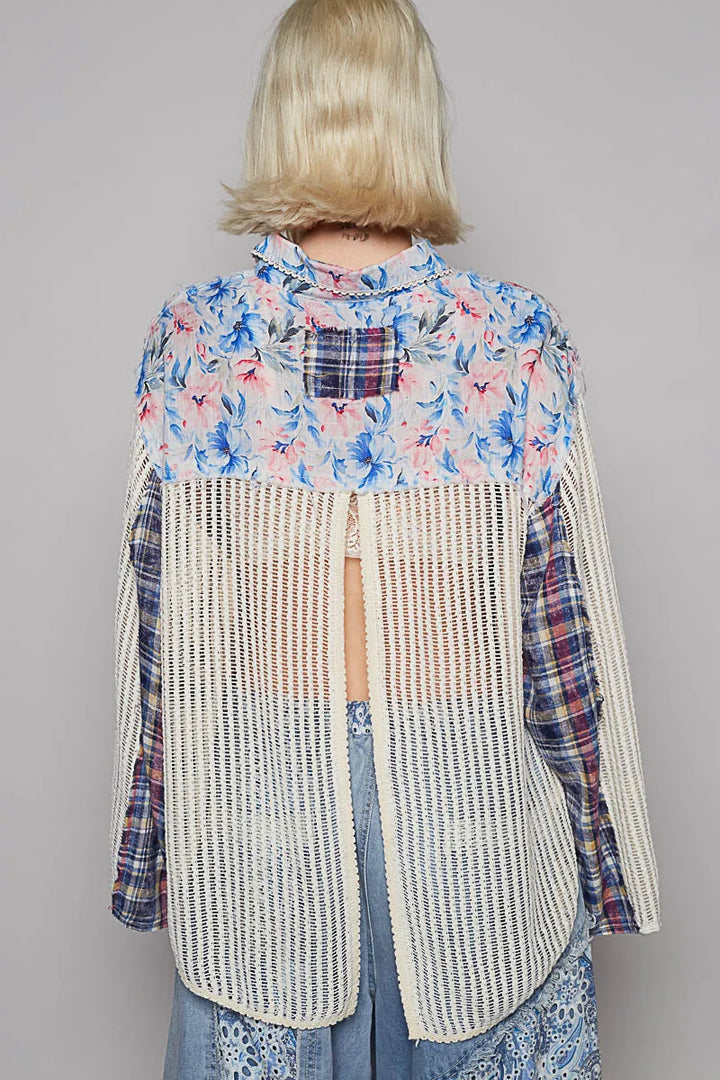 POL Floral Slit Back Plaid Patchwork Shirt Shirt