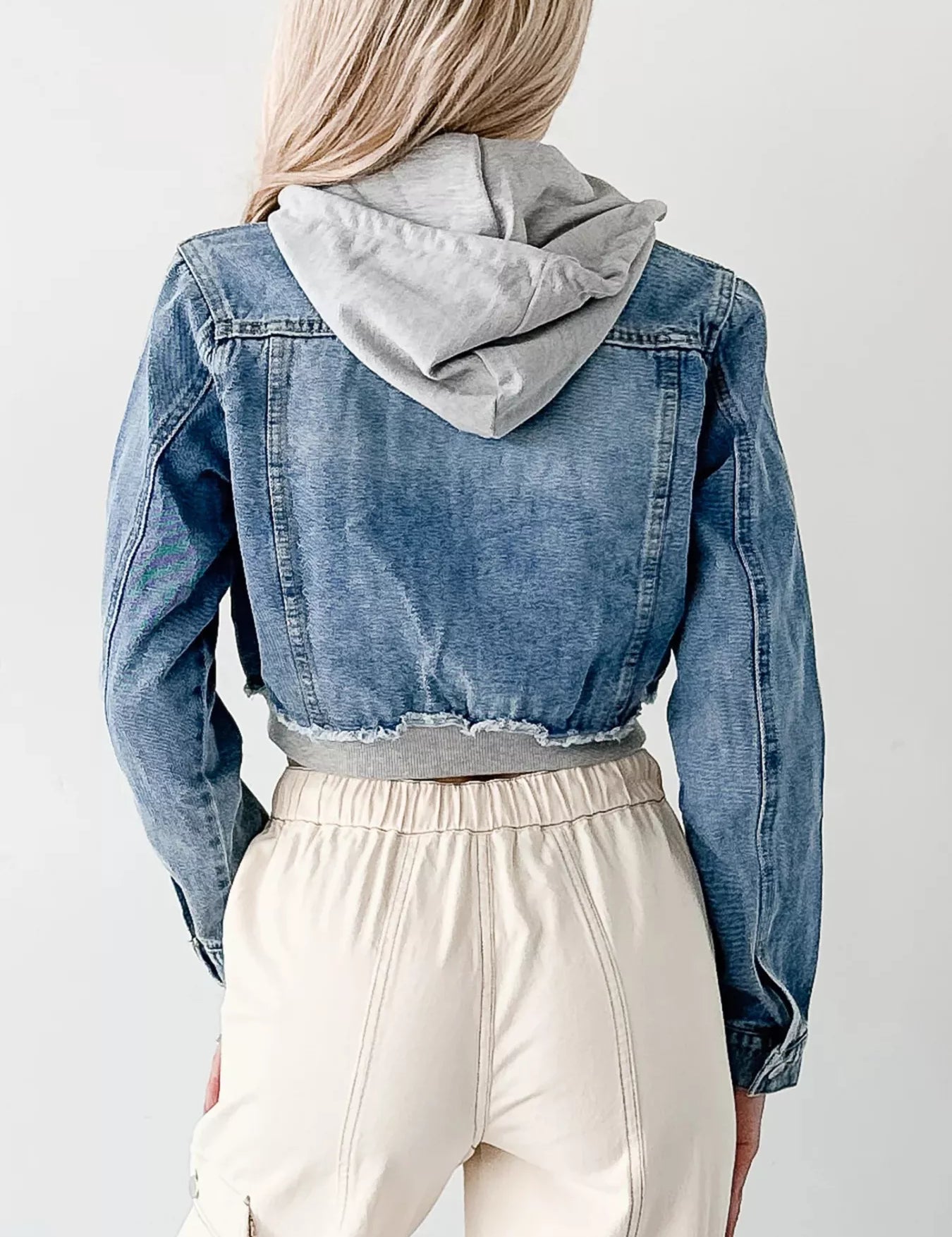 Distressed Zip Up Cropped Hooded Denim Jacket | Denim Jackets Daverri Fashions