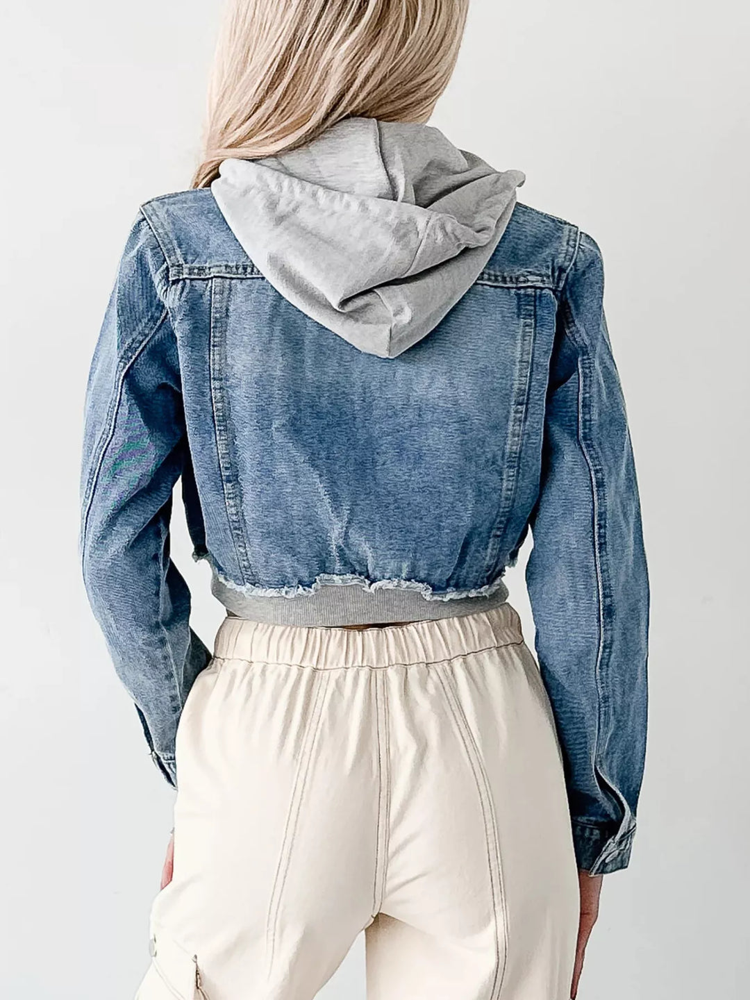 Distressed Zip Up Cropped Hooded Denim Jacket | Denim Jackets Daverri Fashions
